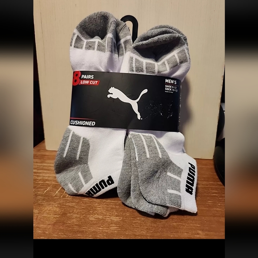 Puma Men's Cushioned 8-Pair Low Cut Socks  Large (8-12)  White with Black/Gray